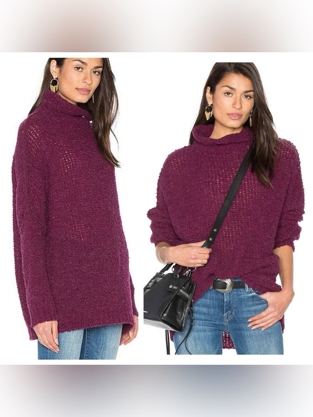 Free People She’s All That Alpaca Sweater Plum Oversized Cowl Neck L XXL Fit